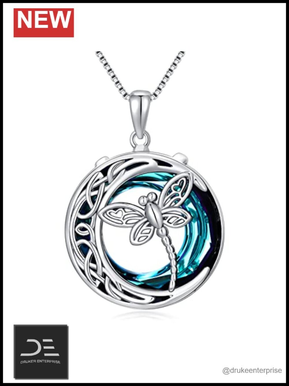 Sterling Silver Dragonfly Necklace with Blue Crystal Pendant